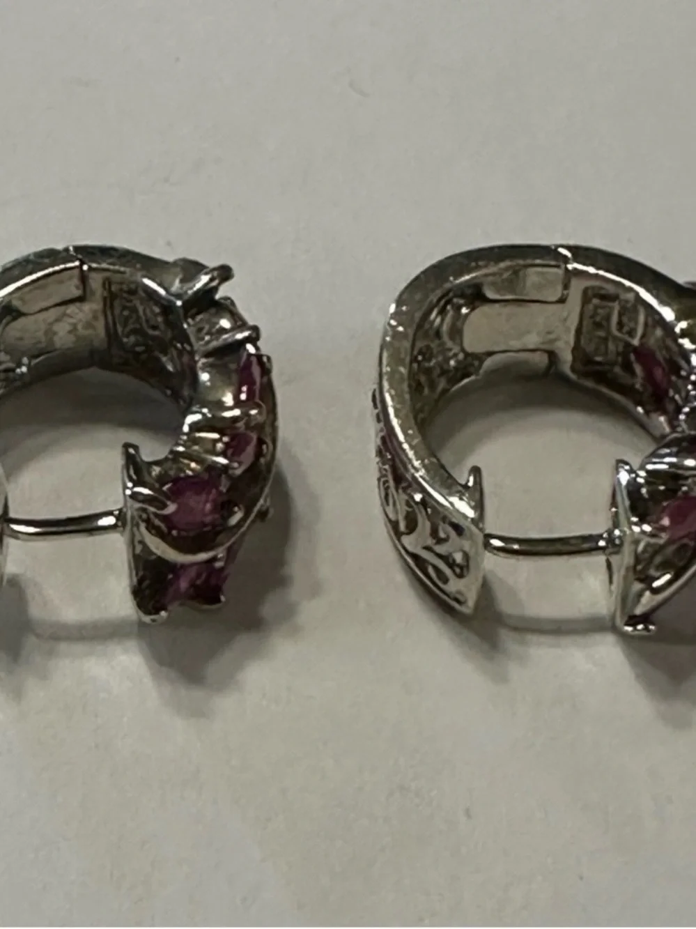 Vintage Sterling Silver Pink/Red Ruby Hinged Huggie Earrings For Pierced Ears - Picture 4 of 10